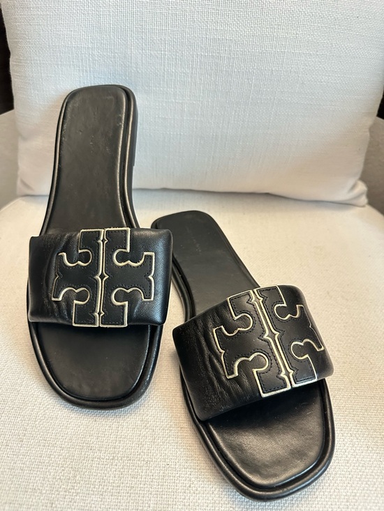Tory Burch Shoes - Tory Burch Double T Black Leather Slide Sandals with Cream Logo Stitching